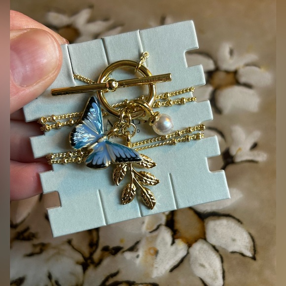 Enamel Blue Butterfly & Leaf Charm Necklace by Fable England - Picture 4 of 5